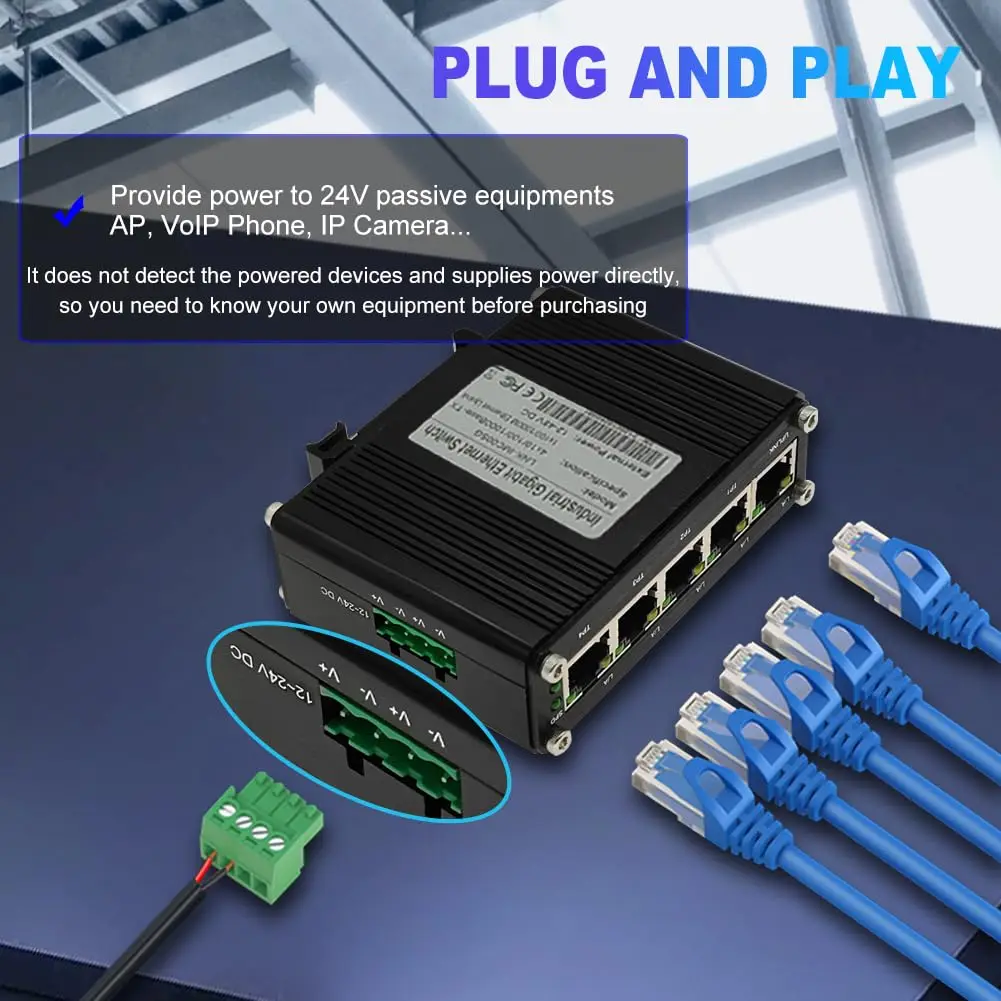 5-port Passive 24V PoE Switch PoE Injector Industrial Gigabit Network Switch 12-24VDC Input to 24V PoE Output