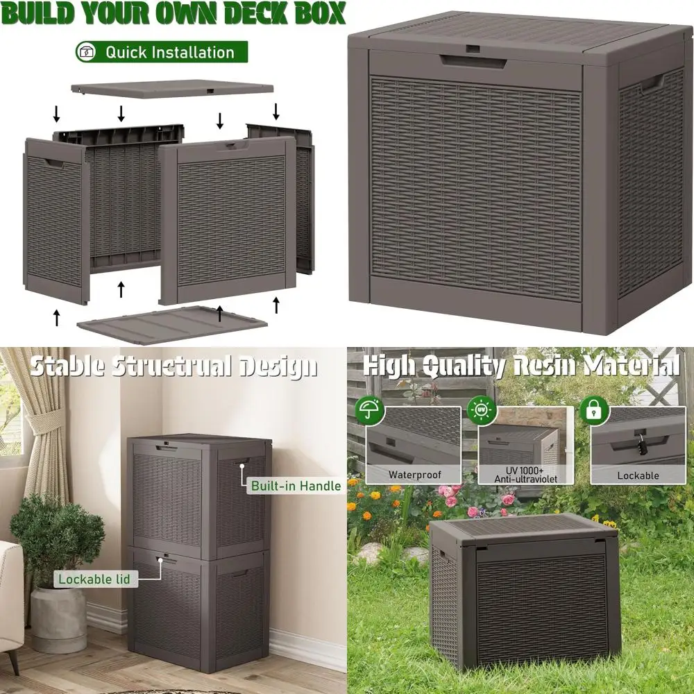Weatherproof Resin Deck Box, 31 Gallon, Lockable Lid, Grey (Indoor/Outdoor Use)