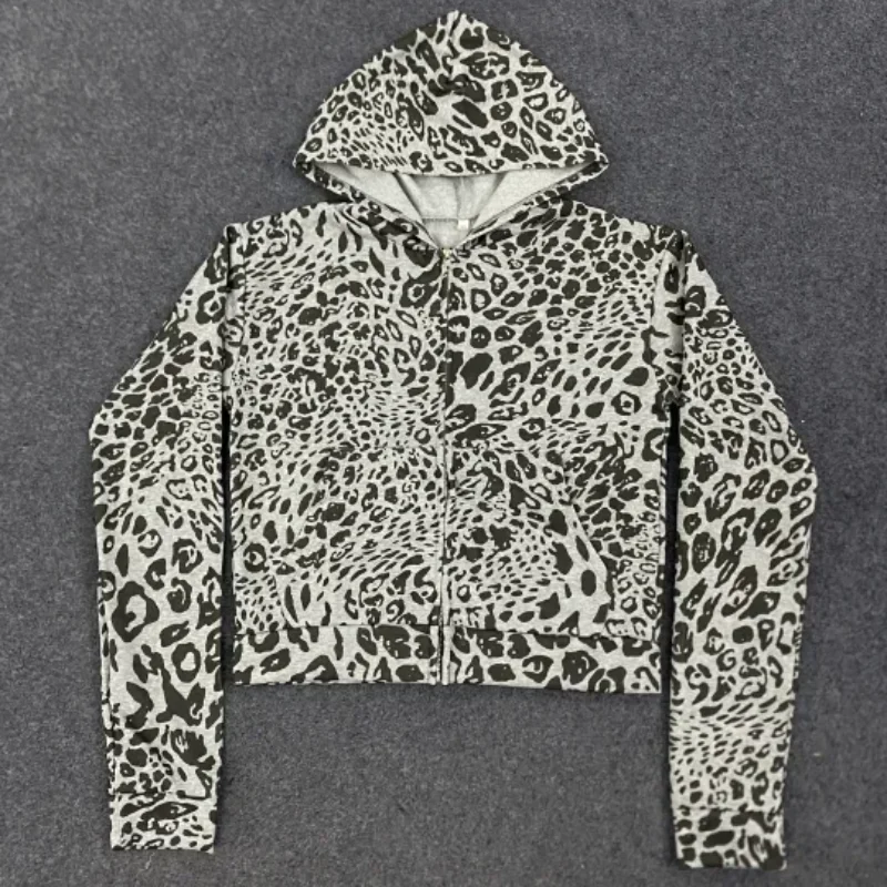 패션 하이 스트리트 레오파드 프린트 후드 스웨트셔츠 미국 가을 루즈핏 지퍼 긴팔 가디건 숏탑 여성 의류