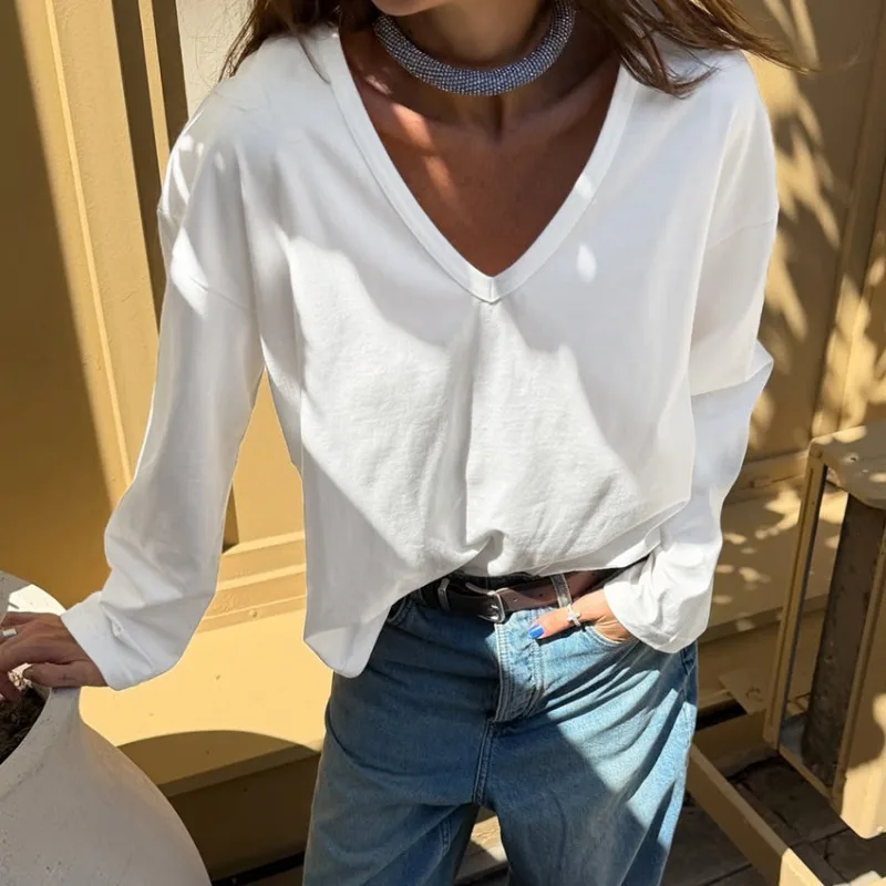 Womens Solid Color V Neck Loose Fit Long Sleeve Pullover T Shirt Basic Casual Fall Winter 2026 New Trendy Chic Soft Everyday Top