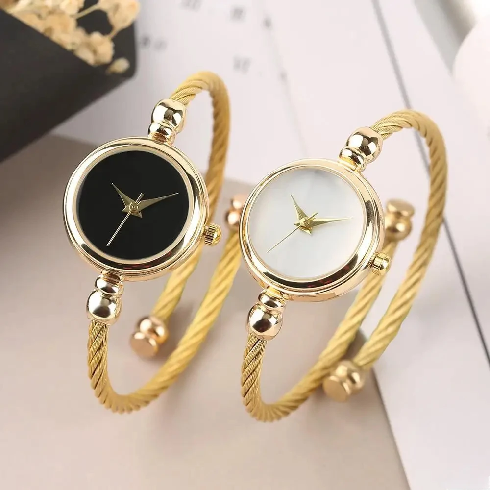 Jam tangan gelang emas kecil wanita, arloji Stainless Steel Retro Quartz