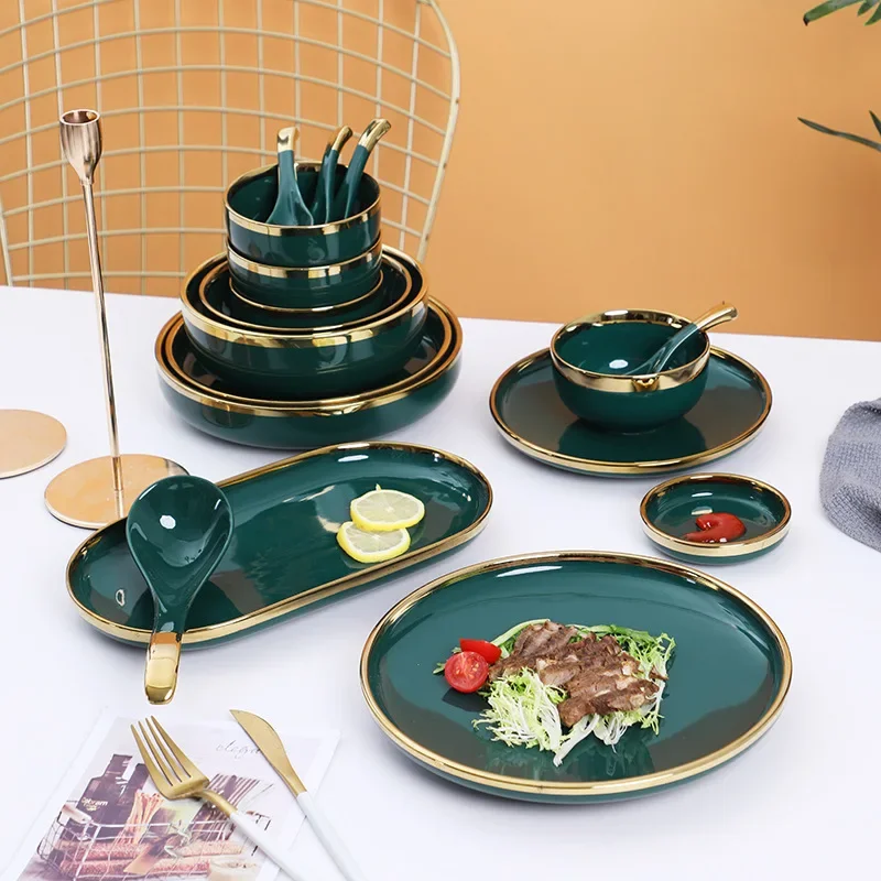 الفاخرة الذهب Edg الأخضر أدوات مائدة سيراميك مجموعات الغذاء طبق تقديم الحلوى سلطة وعاء الحساء متعدد نمط طبق منزلي اكسسوارات المطبخ #4