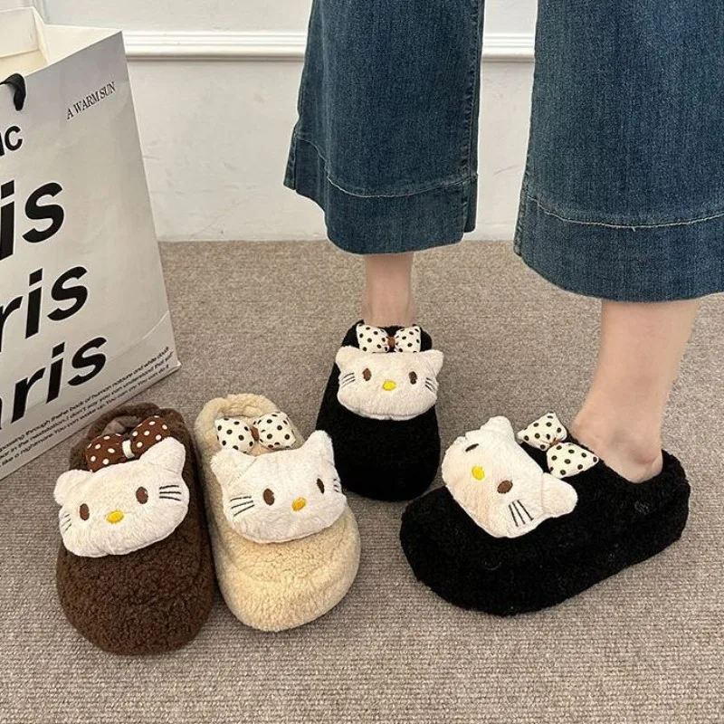 Kawaii سانريو مرحبا كيتي نعال قماش فتاة خريف شتاء ملابس خارجية نعل سميك الارتفاع تعزيز المضادة للانزلاق النعال المنزل الكرتون #1