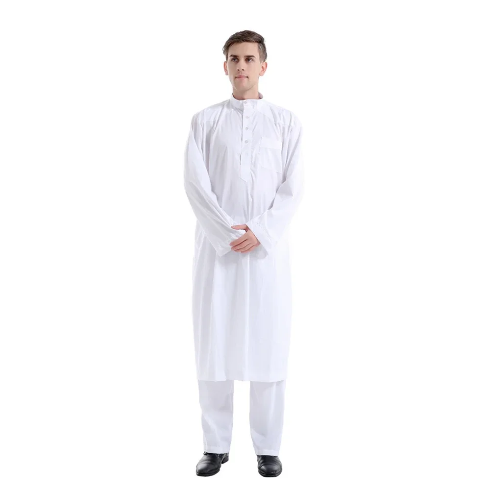 2 pezzi abbigliamento da uomo musulmano Eid Ramadan arabo saudita manica lunga top pantaloni set Turchia Jubba Thobe Islam Dubai Abaya caftano vestito