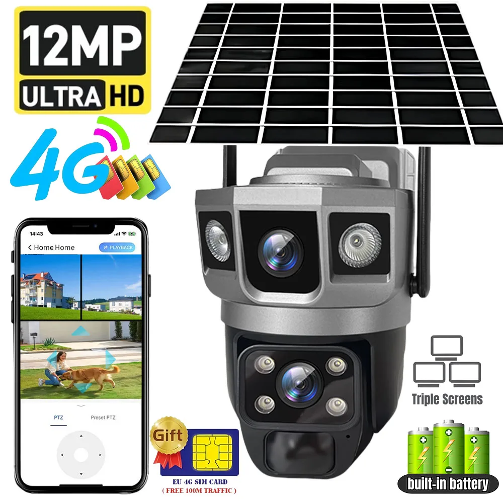 Caméra de surveillance solaire 4G V380 Pro 12MP, double objectif, triple écran, suivi automatique, extérieure, 6K, PTZ