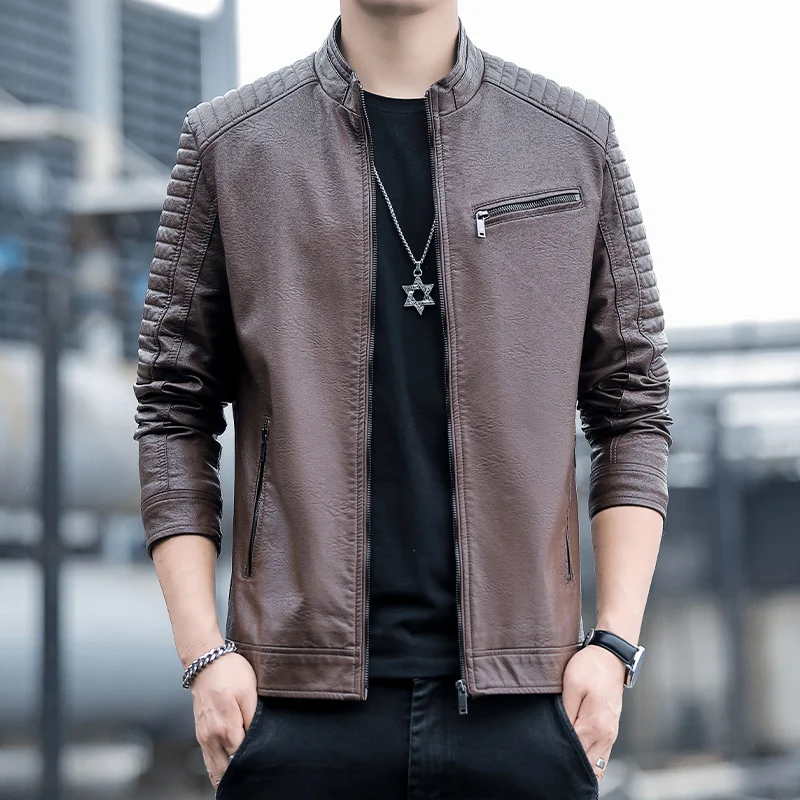 

Men's Soft Leather Jaet Casual Spring Faion Ci Sle Motorcycle Coat Stand Collar Trendy Busin Leisure Youth Jaet