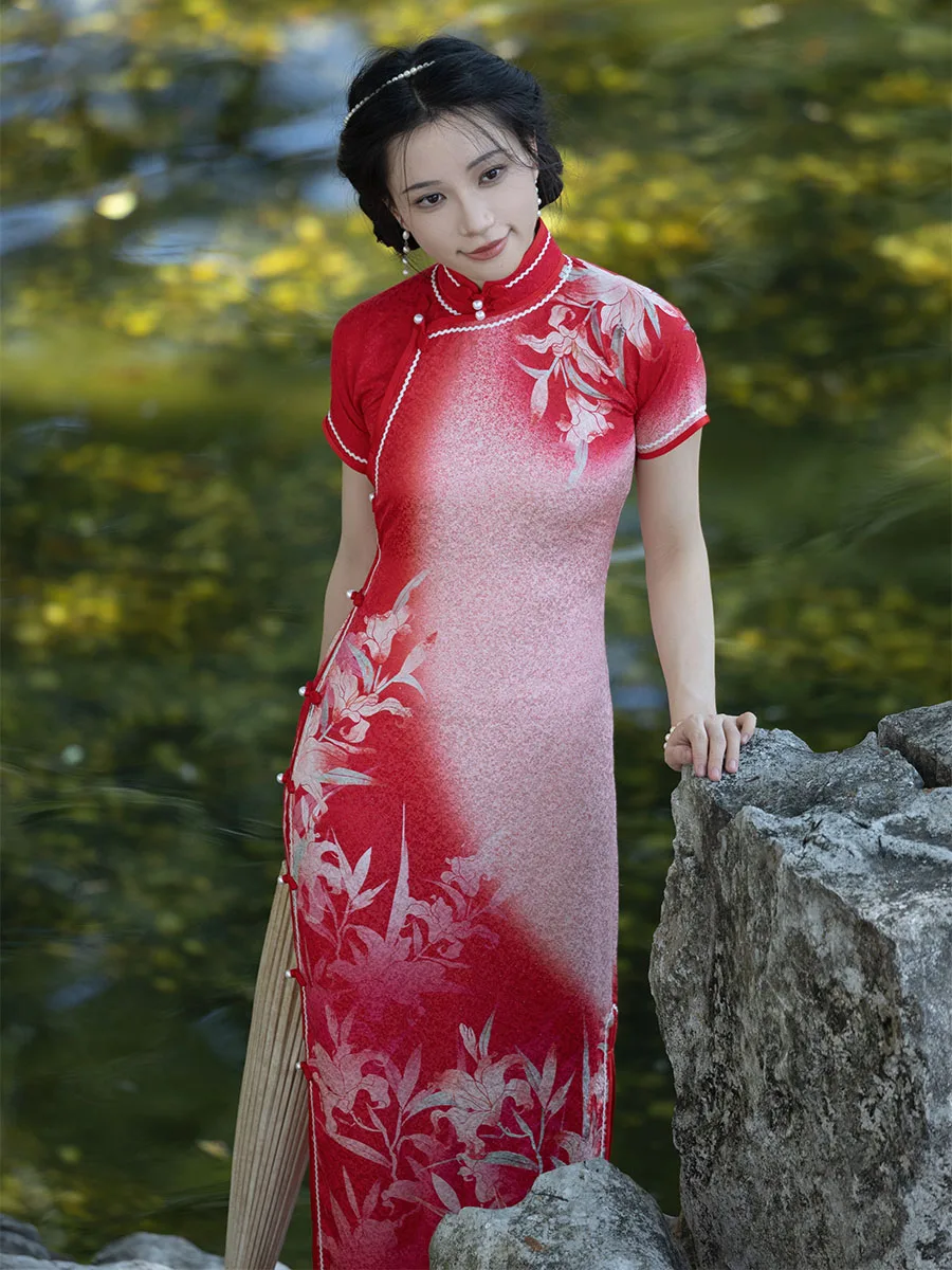 

Красное свадебное платье из шелковой смеси, цельное, с принтом, приталенное, длинное, в винтажном стиле, с коротким рукавом, для женщин