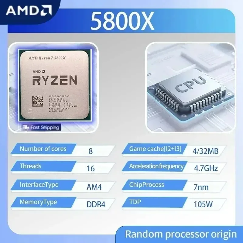 AMD Ryzen 7 5800X 8-Cores 16-Threads 3.8 GHz AM4 Socket Desktop Processor CPU Up to 4.7 GHz 3200 MT/s DDR4 7nm L3= 32 M New