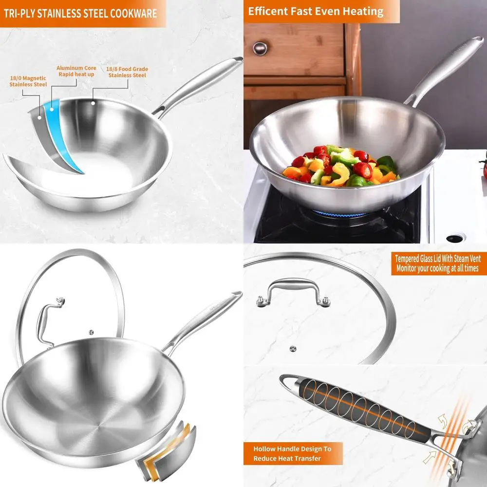 

12 Tri-Ply Stainless Steel Wok with Lid, Healthy Non-Toxic, Oven & Dishwasher Safe, Induction Compatible Cookware