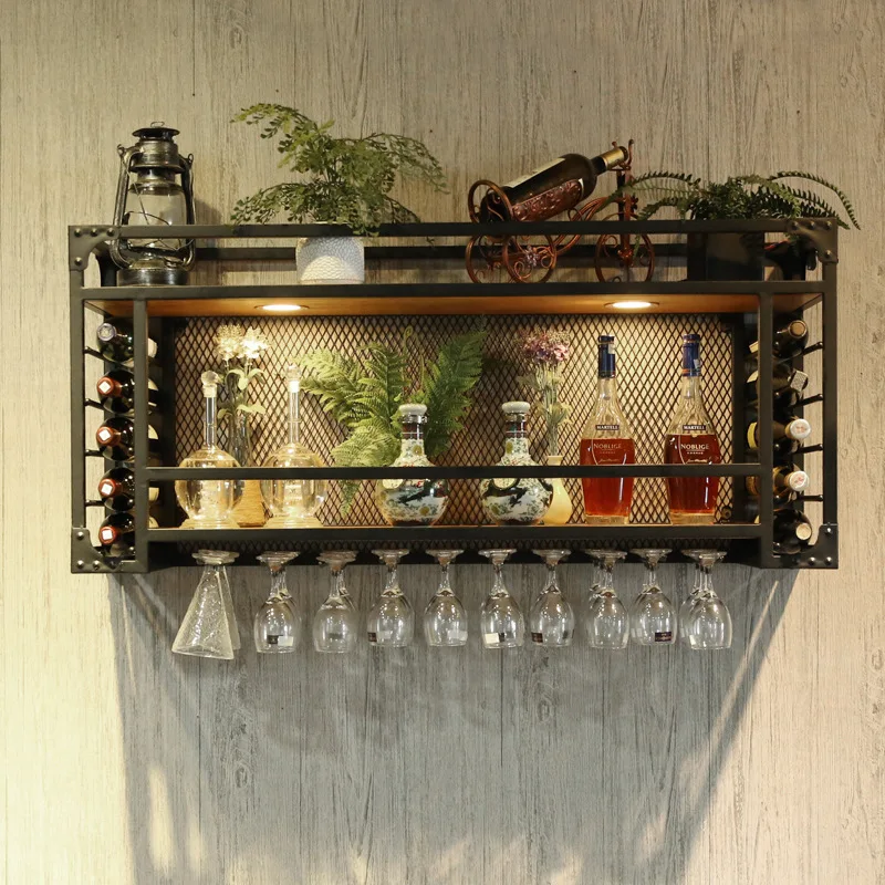 

Wall wine rack Wall hanging solid wood rack Creative restaurant Hanging cup holder Iron decoration Bar counter Wine cabinet Hous