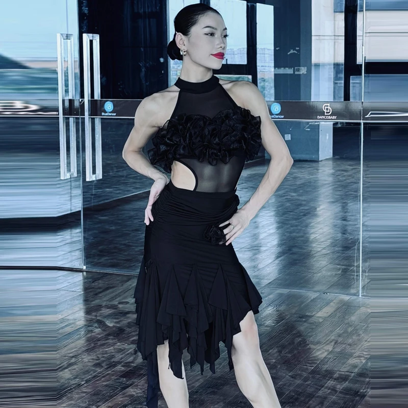 

Костюм для латинских танцев для сальсы и самбы для взрослых, сексуальный сетчатый топ, юбка с рюшами, женская одежда для латинских танцев чача, SL13586