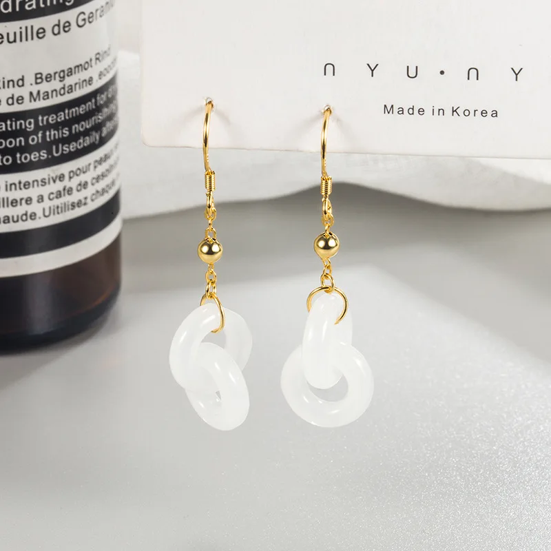 2023 New Hetian Jade Interlocking Dangle Earrings for Women Classical Chinese Style Circle Gold Color Earring Luxury Jewelry