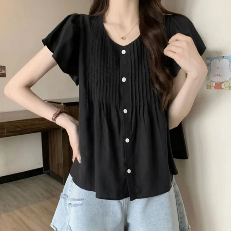 Fashion O-Neck Folds Butterfly Sleeve T-Shirt Female Clothing 2024 Summer New Loose All-match Tops Sweet Solid Color Tee Shirt