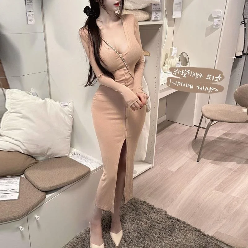 

Sexy Bodycon Dress Pure Desire Women's Fragrance Slit Wrap around Waist Long Sleeve V-Neck Midi Dress for 25-35 Years Old Women