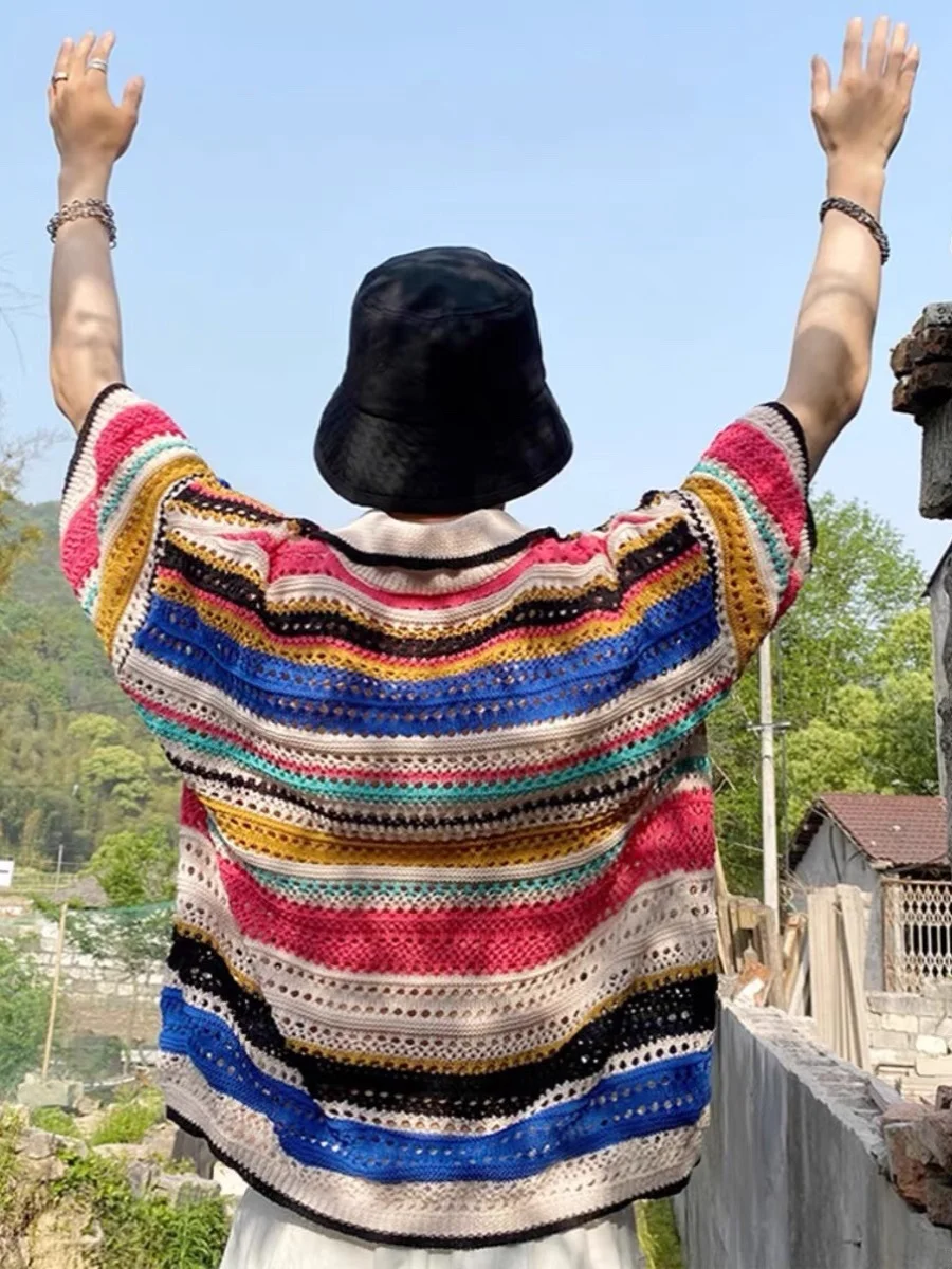 

Retro Hollow Knitted irt ort Sve Striped Turn-down Collar Summer Design ex T-irt KAPITAL VINTAGE Brand Loos...