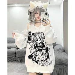 Subculture Y2k Spring 2024 Autumn Shirt Loose Off The Shoulder Punk V-neck Long Tops Woman Black White Harajuku Shirts