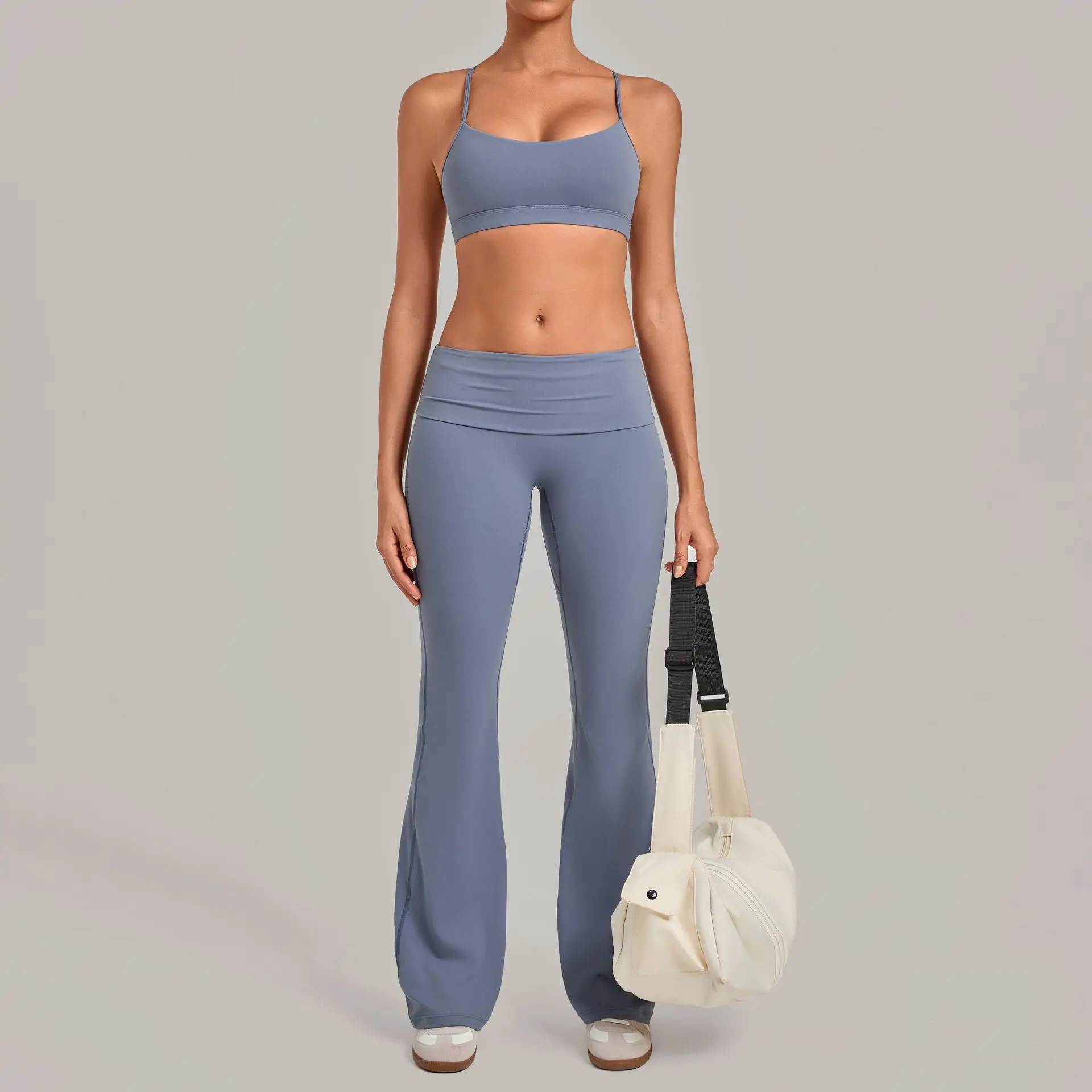 Yoga Outfit Fitness Set Women Tracksuit 2 Piece Cross Back Bra Fold Waist Flare Pants Gym Clothing Workout Running Sportswear
