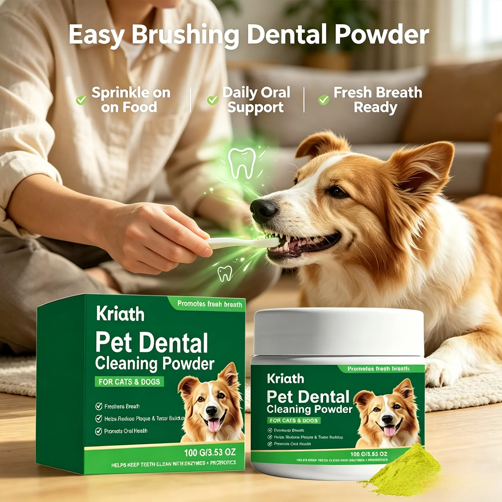 Pet Dental Cleaning Powder Reduce Plaque Tartar Build up Freshen Breath Gums Care Mild Dog Teeth Cleaning Oral Care Powder 100g