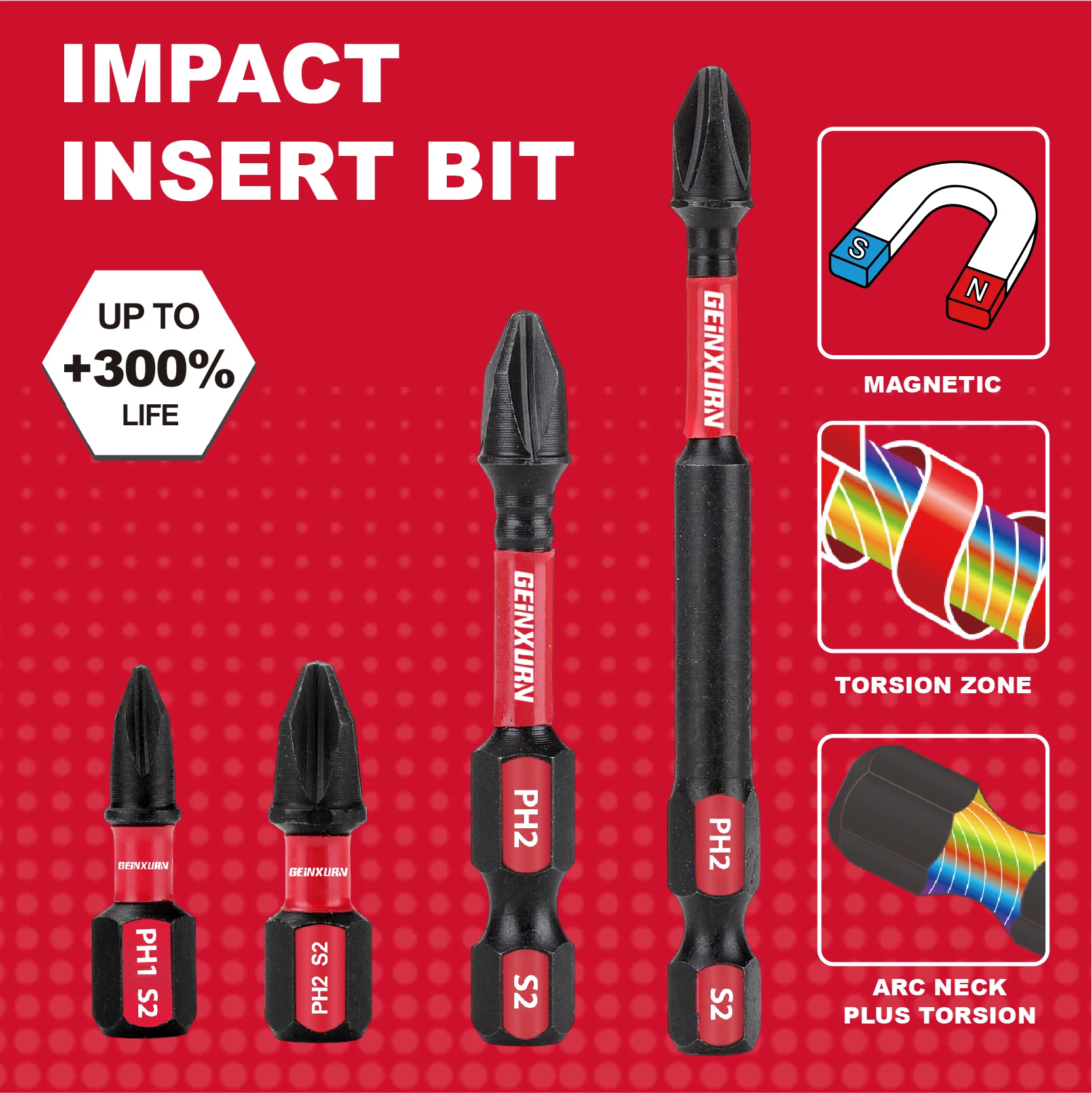 Geinxurn Impact Magnetic PH1/PH2 Head Power Bits, Insert Driver Bits S2 Alloy Steel Screwdriver Bits Set