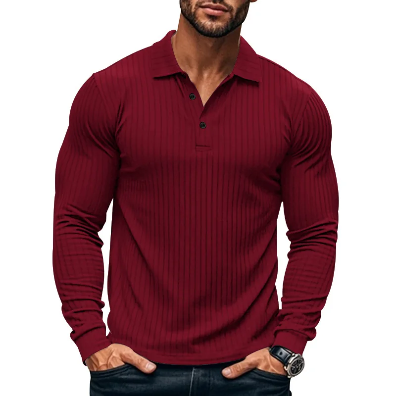 Cross-border autumn men\'s classic casual American lapel button-up long-sleeved T-shirt elastic pit strip polo shirt