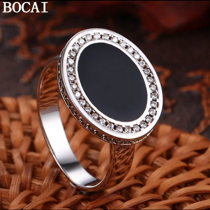 

BOCAI New S925 Silver Jewelry Black Crystal Rubber Man Ring Fashionable Simple Male Ring
