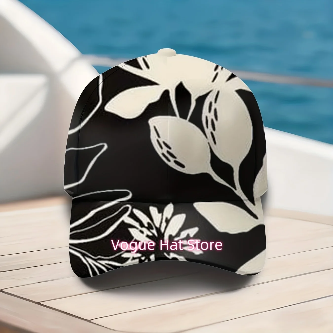 Men's & Women's Tropical/Black & White Flower Print Baseball Cap - Adjustable UPF Sun Hat with Full-Body Botanical Leaf & Flower