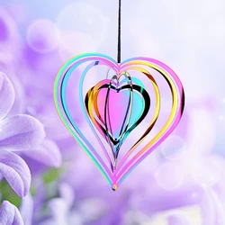 3.9inch Stainless Steel Heart Wind Spinnner Hanging 3D Magical Rotating Flowing Effect Wind Chimes Pendant Garden Yard Decor