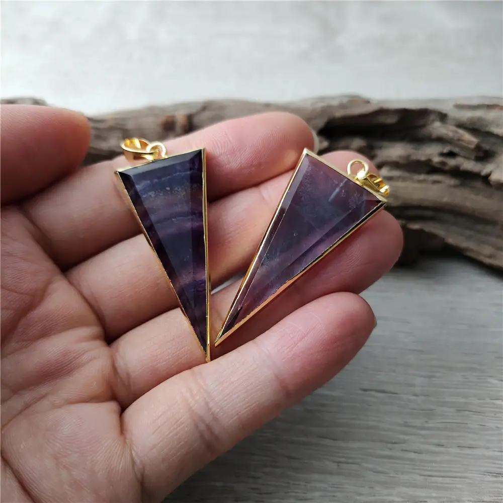 FUWO Wholesale Natural Colored Fluorite Pendant,Golden Plated Long Triangle Crystal Accessory For Jewelry Making 5Pcs/Lot PD430