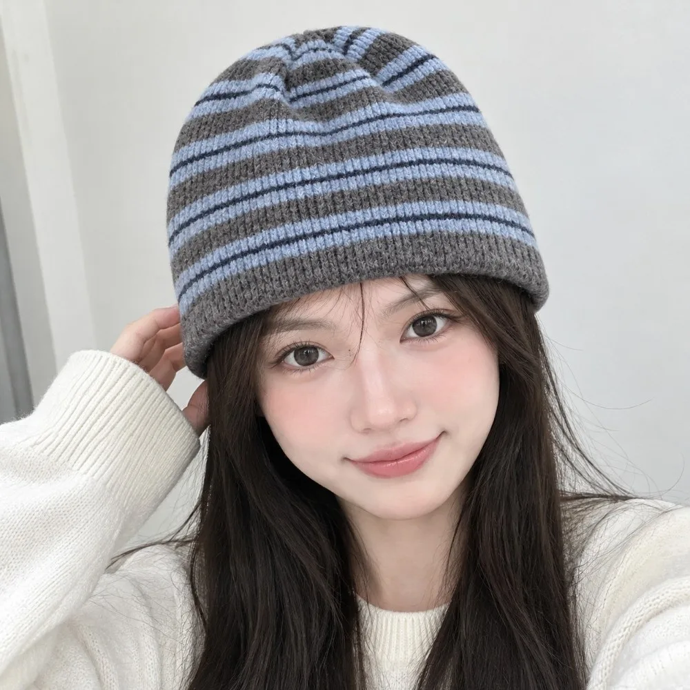 Fold-Up Wool Blend Striped Beanie Hat Thick Soft Ribbed Knitted Cap Color Blocked Thermal Warm Pullover Hat Gift