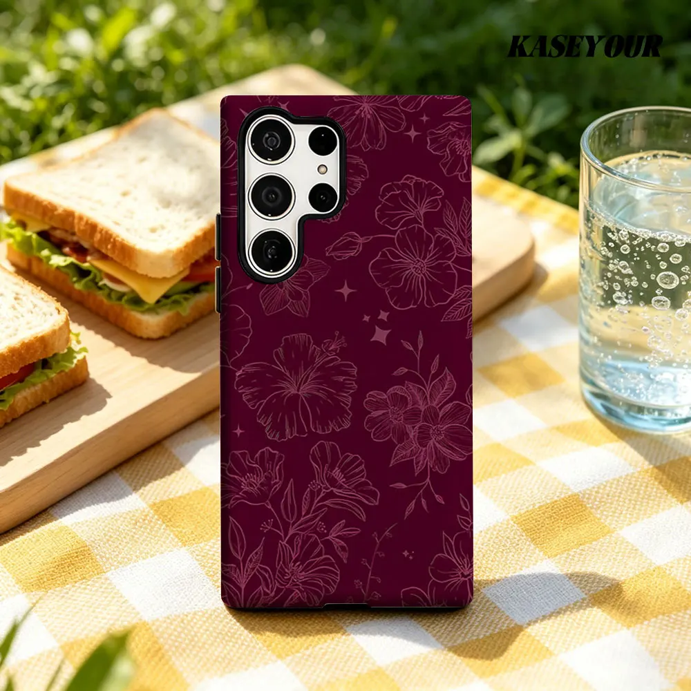 Burgundy Blooms For Samsung Galaxy Phone Case S23 A57 S20 S25 FE S26 Plus S24 Ultra A56 A37 2-IN-1 Shockproof Bumper