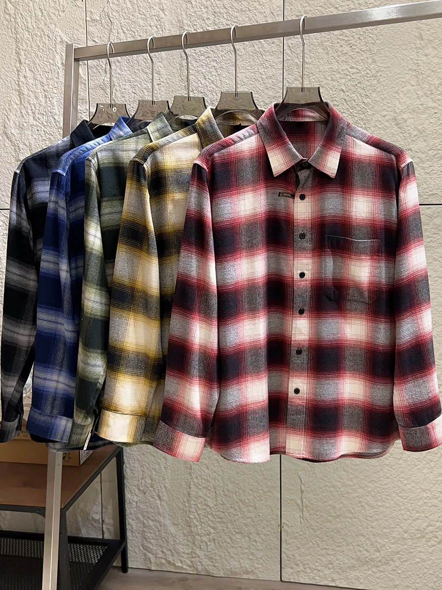 

High Quality Japanese Style Men's Long Sleeve Shirt Pure Cotton Flannel Process Autumn Fashion Urban Gradient Plaid Flip Collar