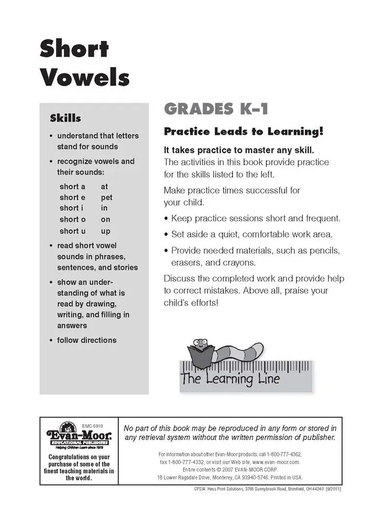 Evan-Moor Learning Line: Short Vowels, Kindergarten - Grade 1 Workbook aged 5 6 7 8 English books 9781596731813