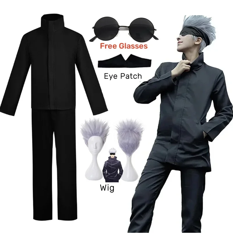 Disfraz de Cosplay de Anime Jujutsu Kaisen Gojo Satoru, Parche para Ojos, Pelucas, Gafas, Traje, Disfraces de Halloween para Hombre