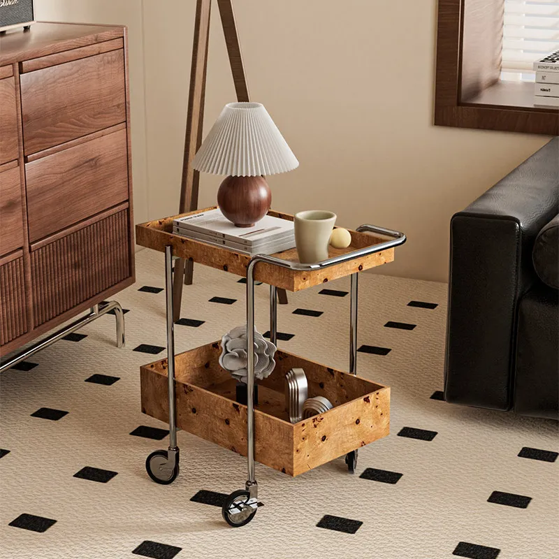 INS Rolling Side Table, Mobile Solid Wood Cart with Two-Tier Storage,Multi-Functional Organizer,Creative Home Decor Accent Piece