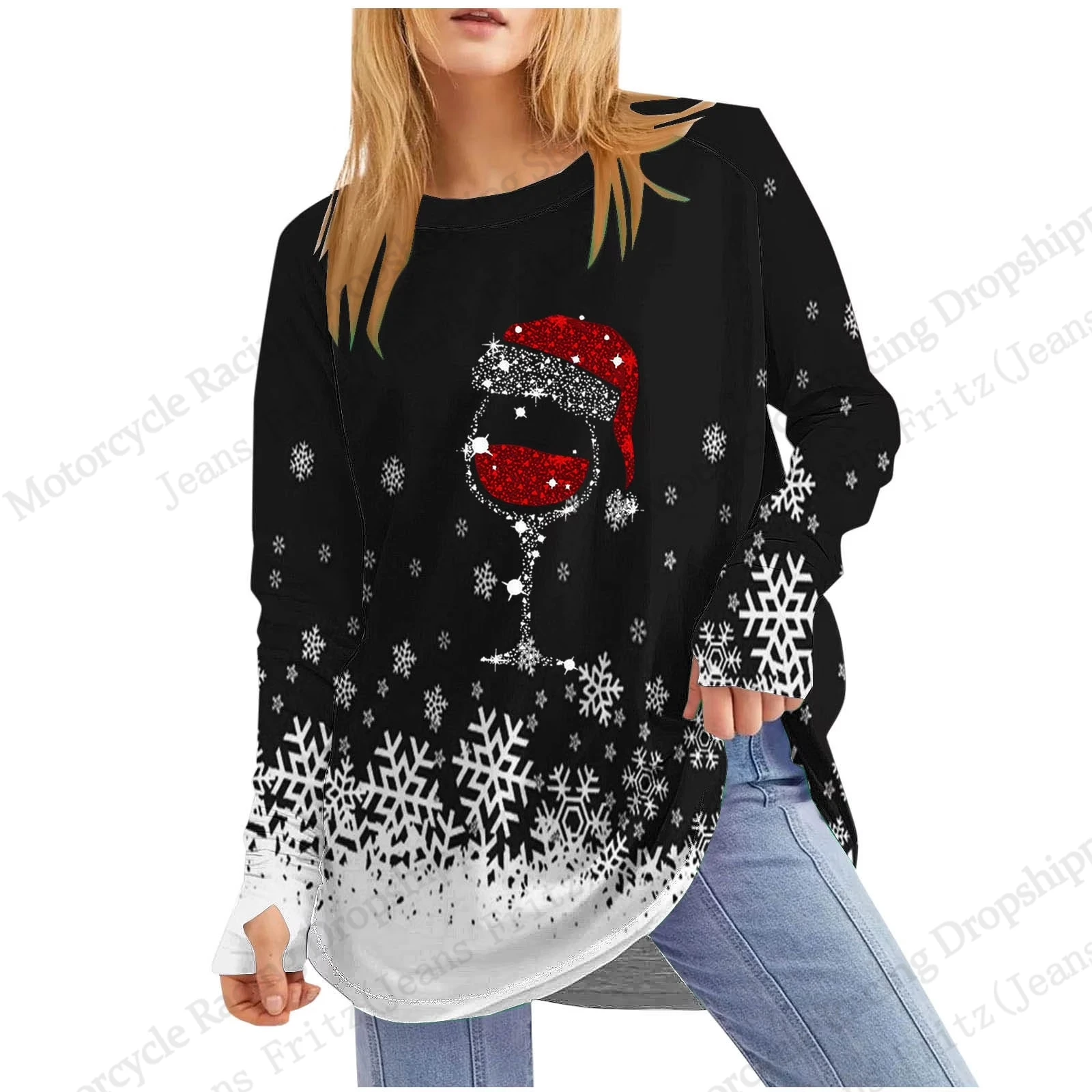 

Christmas Wine Cup Hat 3d Print Long Sleeve T-shirt Women Fashion Casual Oversized Snowflake Tshirt Women Tops Tee women clothes