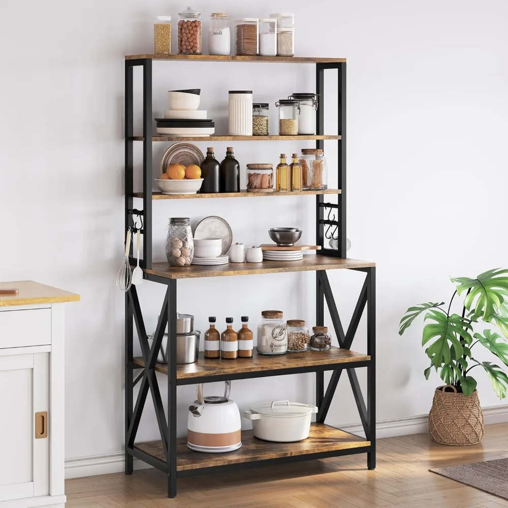 

6-Tier Kitchen Bakers Rack, 31.5 Inch Coffee Bar Table, Farmhouse Microwave Oven Stand Cabinet for Small Spaces, Corne