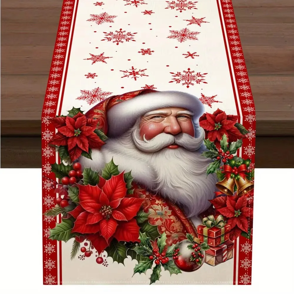 Table Runner Linen Fabric Farmhouse Christmas Gnome Driving a Red Truck with Gifts  Tree  Tabletop Centerpiece