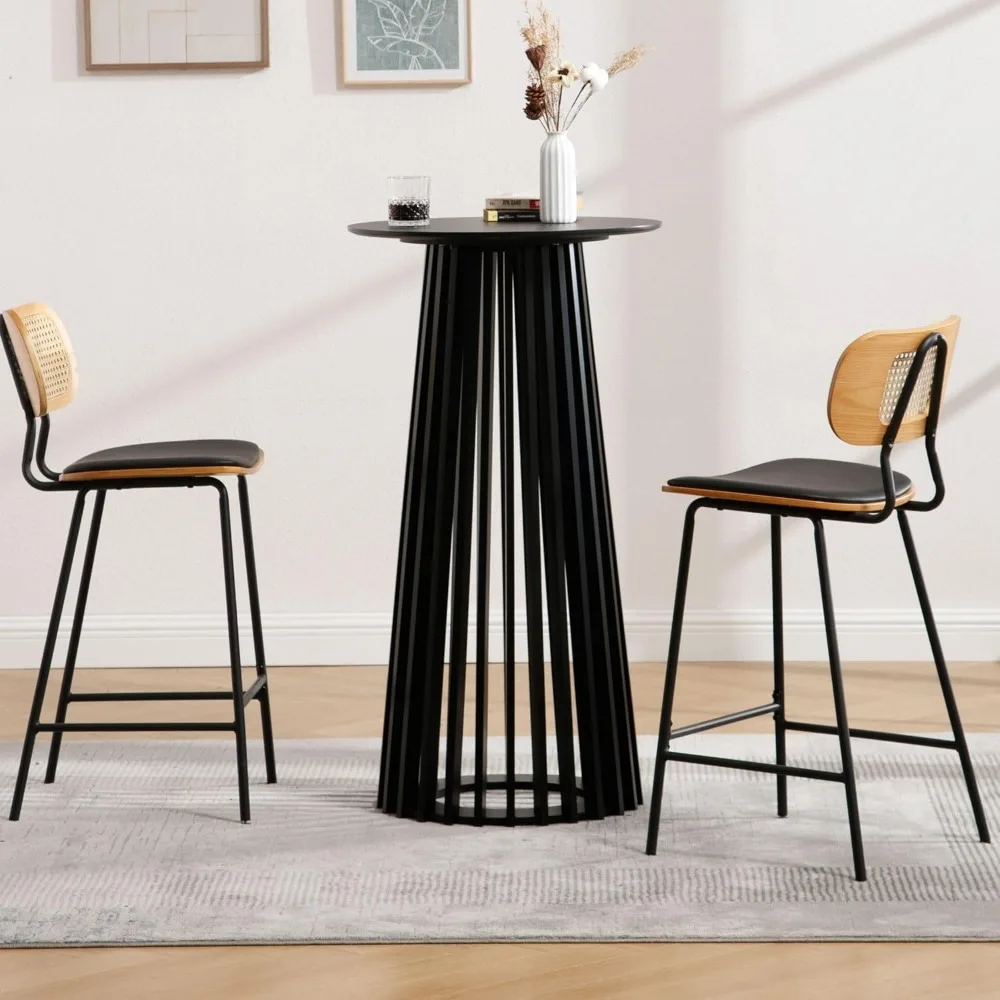 43.5" High Round Bar Table, Modern Wood Cocktail Table with Columnar Wooden Strips Base