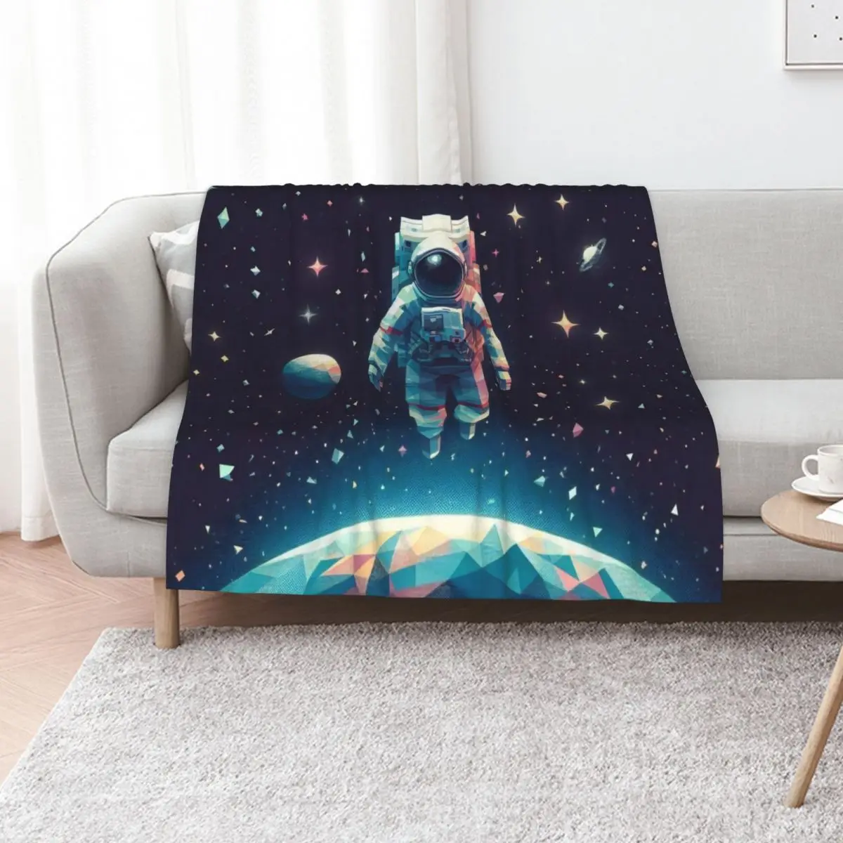 Astronaut Floating Above Geometric Planet in Starlit Galaxy Throw Blanket Extra Large Throw Cute Plaid Decorative Beds Blankets