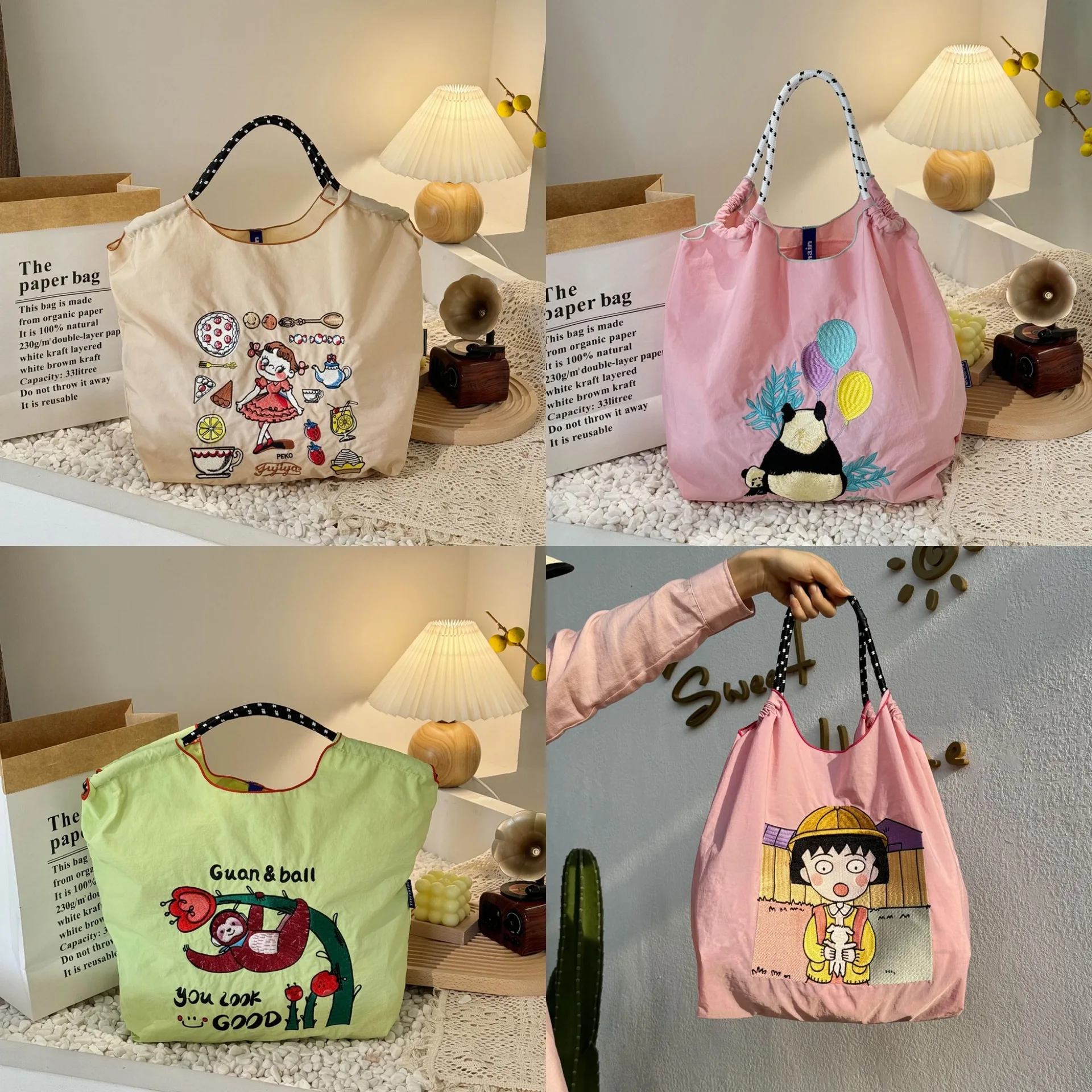 Kawaii Tote Bag Guanchain Eco-Friendly Bag Anime Cartoon Embroidered Nylon Shopping Bag Handheld Women Shoulder Bag Gifts