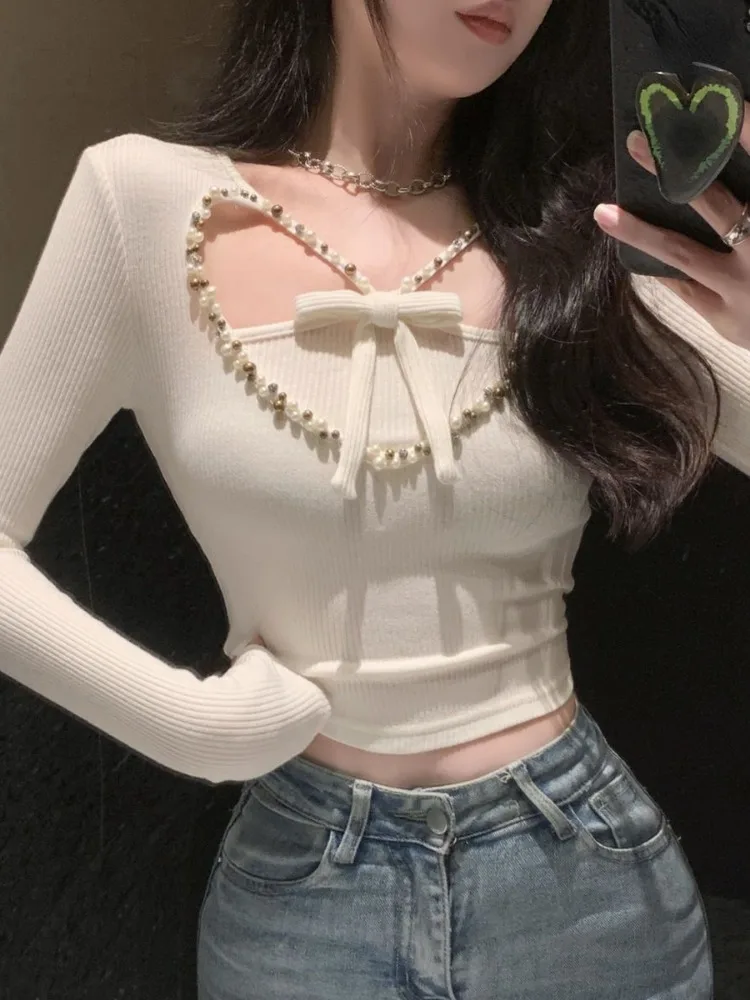 Women\'s Pearl Hollow Out Sweaters Love Bow Knitted Jumper Crop Tops Sueter Mujer Sexy Fashion Sweet Tunic Pullovers Pull Femme