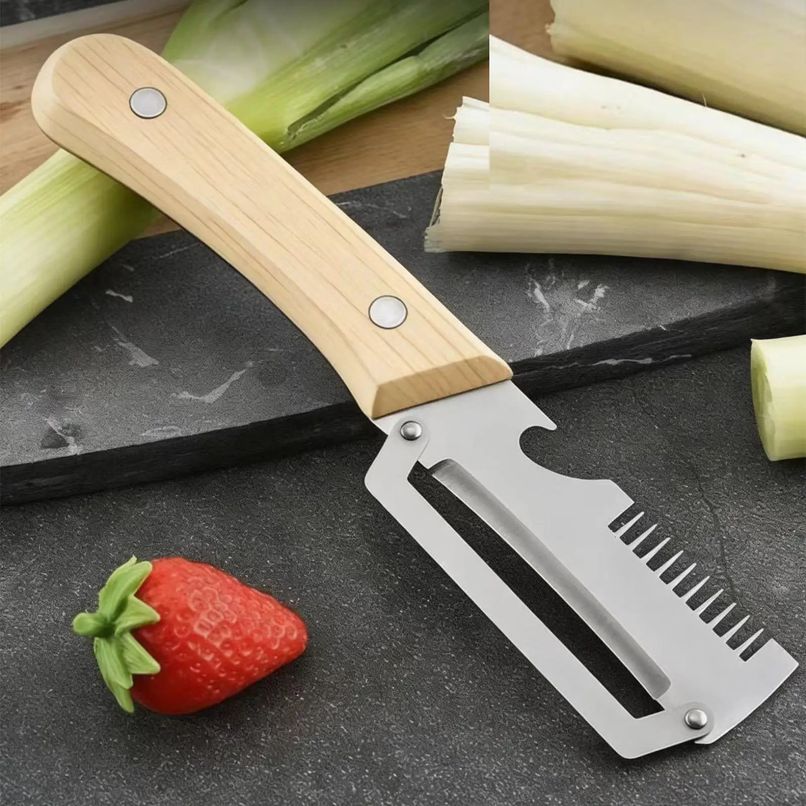 2026 New Paring Knife Ergonomic Wood Handle Knife Stainless Steel Vegetable Peeler With Wooden Handle 2in1 Fruit Potato Peeler