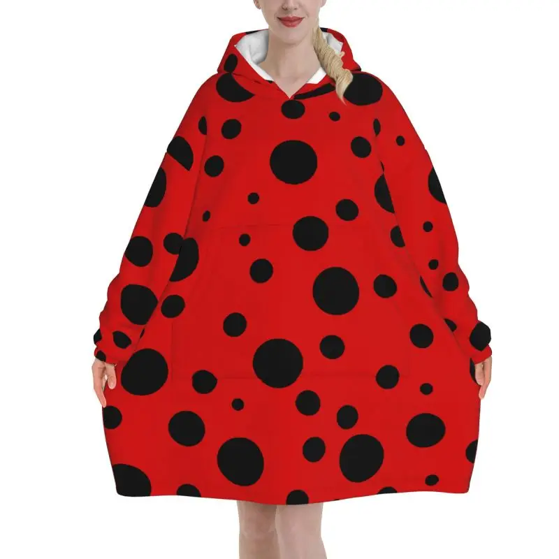 Ladybug Black and Red Polka Dot Wearable Hooded Blanket Funny Oversized Hoodie Blanket Women Warm Fleece Pullover Sweatshirt
