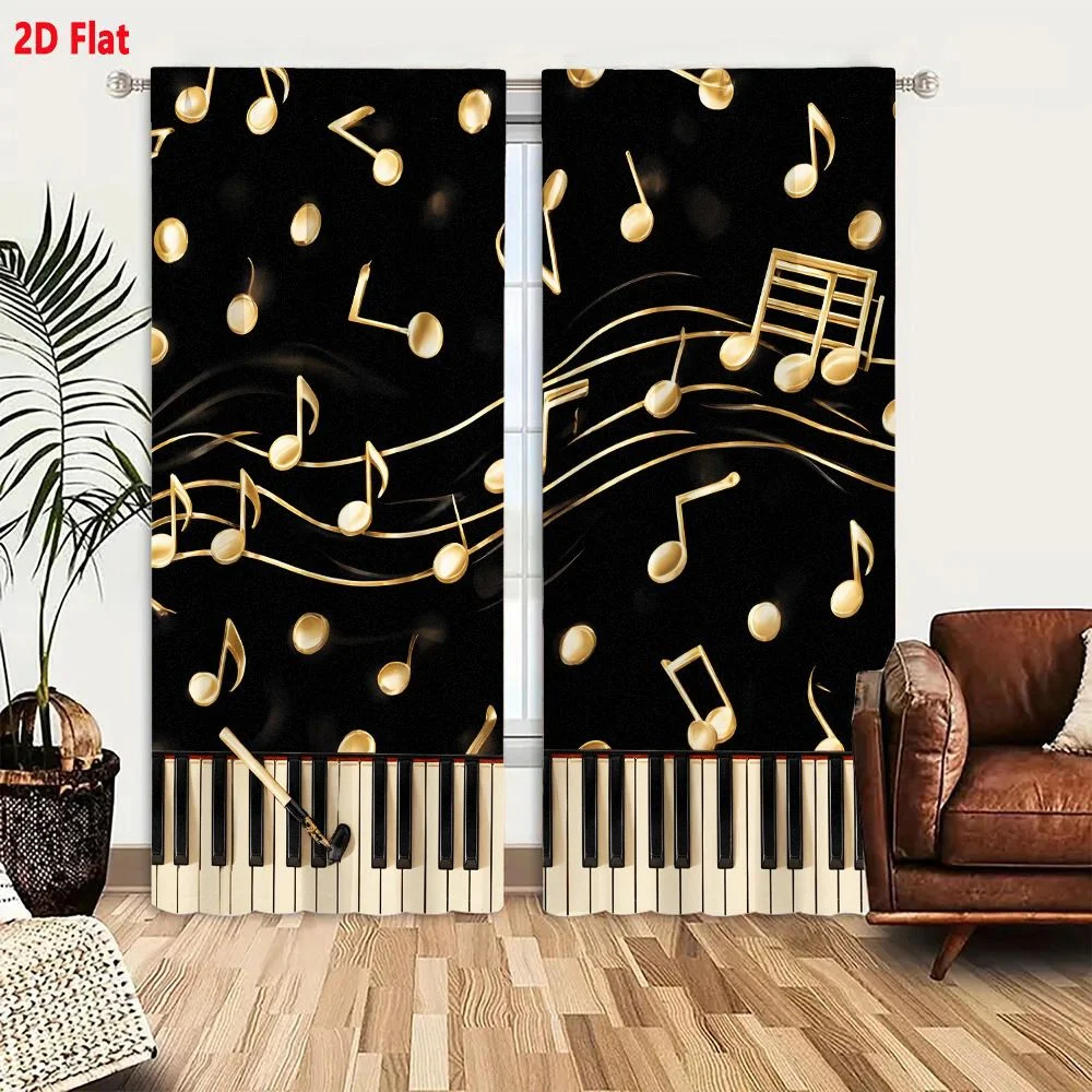 2Pcs Curtains Golden Musical Notes Piano Keys Conductor Baton Elegant Black Background Window Drapes for Bedroom Room Decor Deco