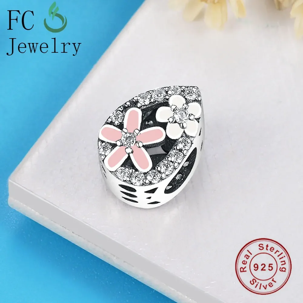 FC Jewelry Fit Original Brand Charms Bracelets 925 Sterling Silver Flower Pink Enamel Daisy CZ Stone Bead For Making Berloque