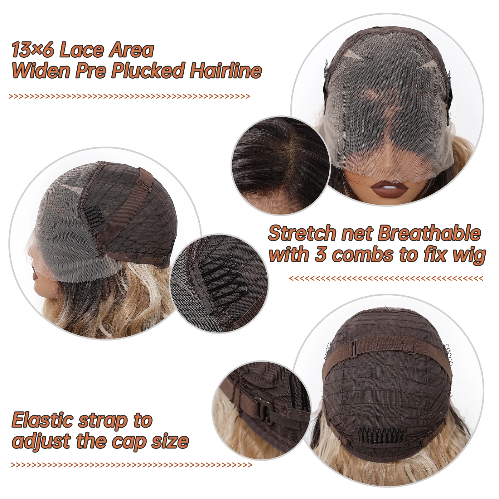 EASIHAIR Brown Blonde Ombre Curly Synthetic Wigs for Women Medium Length Wavy Lace Wigs 13*6 Lace Hair Free Part Natural Hair