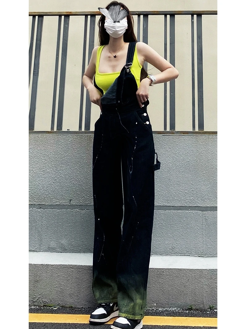 하이웨이스트 와이드 레그 데님 오버롤 여성 여름 스트릿 슬림 디자인 워크웨어 롱 팬츠 플로어 렝스 끈 팬츠