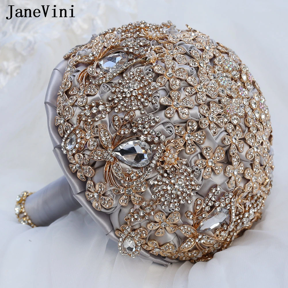 JaneVini 21cm European Style Luxuious Dimoand Crystal Bridal Hand Flowers Silver Rose Fake Bridal Wedding Bouquets Fleur Mariage