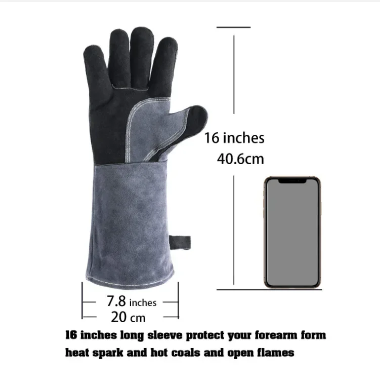 Welding Gloves Work Welder\'s Cowskin Leather Barbecue Gloves Grill BBQ Garden Protective Heat Resistant Long Sleeve 2415