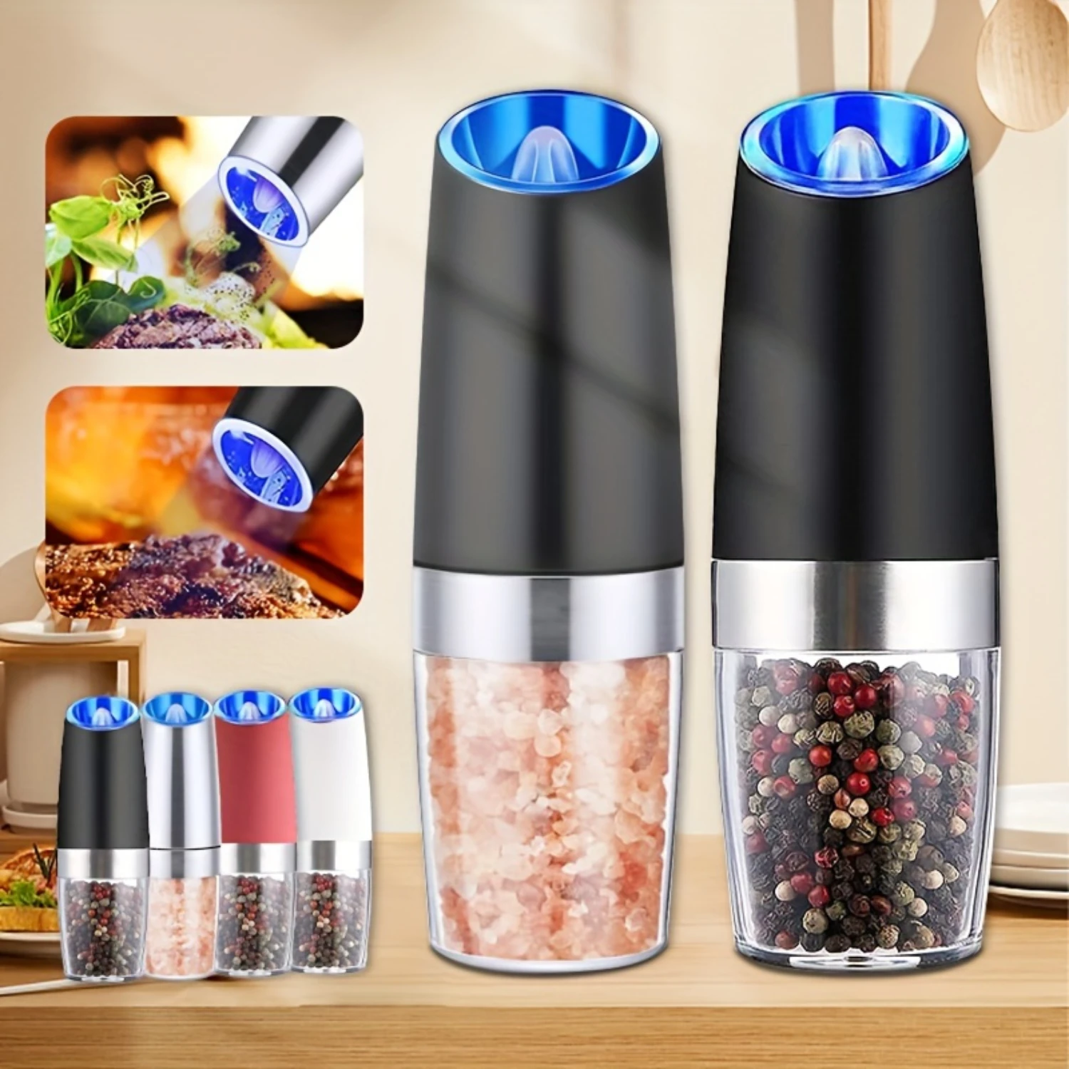 

1/2pcs/set Pepper Grinder, Sea Salt Ginder, Gravity Pepper And Salt Grinding Machine Set, Adjustable Coarseness, Battery Powere